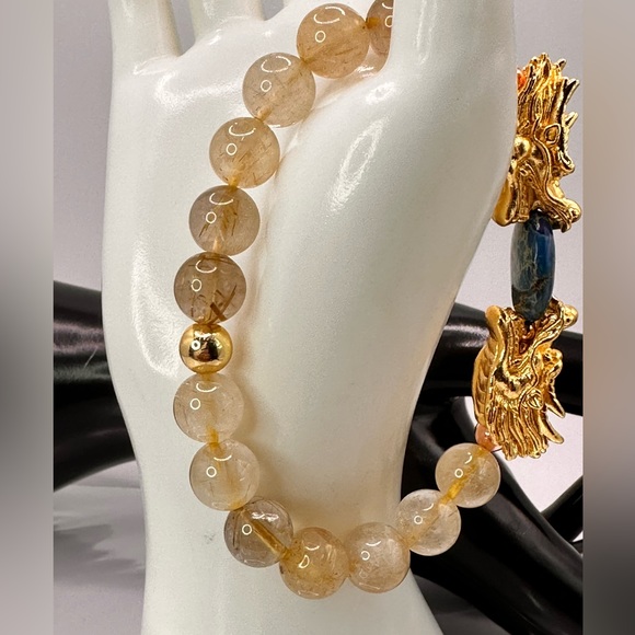 GOLD RUTILATED QUARTZ + SEA JASPER NATURAL STONES BRACELET size 7.5” - Picture 4 of 10